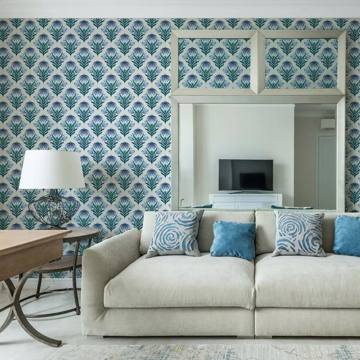 Taustakuva Symmetrinen kukkakoriste sinivalkoisissa sävyissä a00812v2