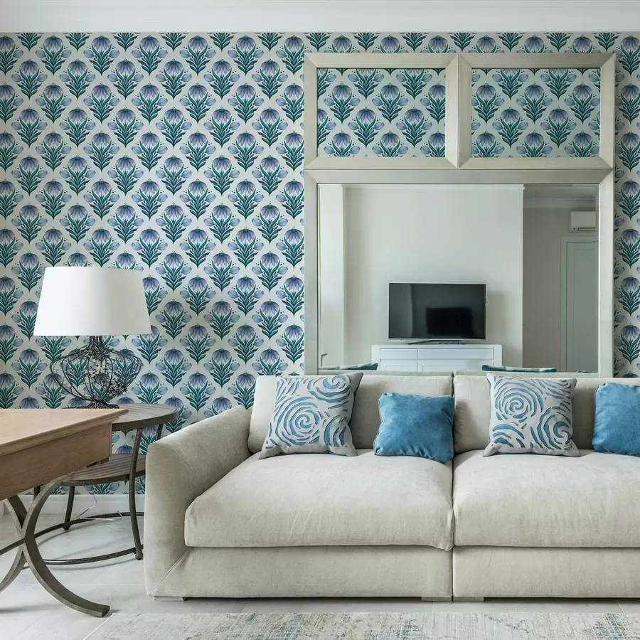 Valokuvatapetti Symmetrinen kukkakoriste sinivalkoisissa sävyissä a00812v2