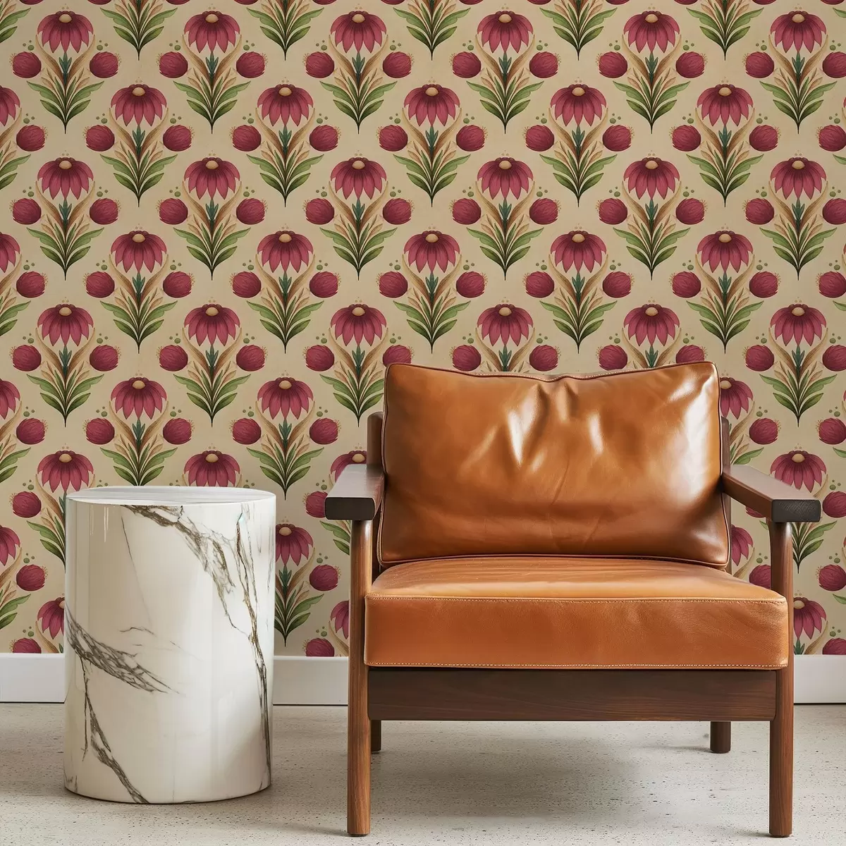 Taustakuva Symmetrinen kukkaornamentti lämpimällä beige-taustalla a00812v6