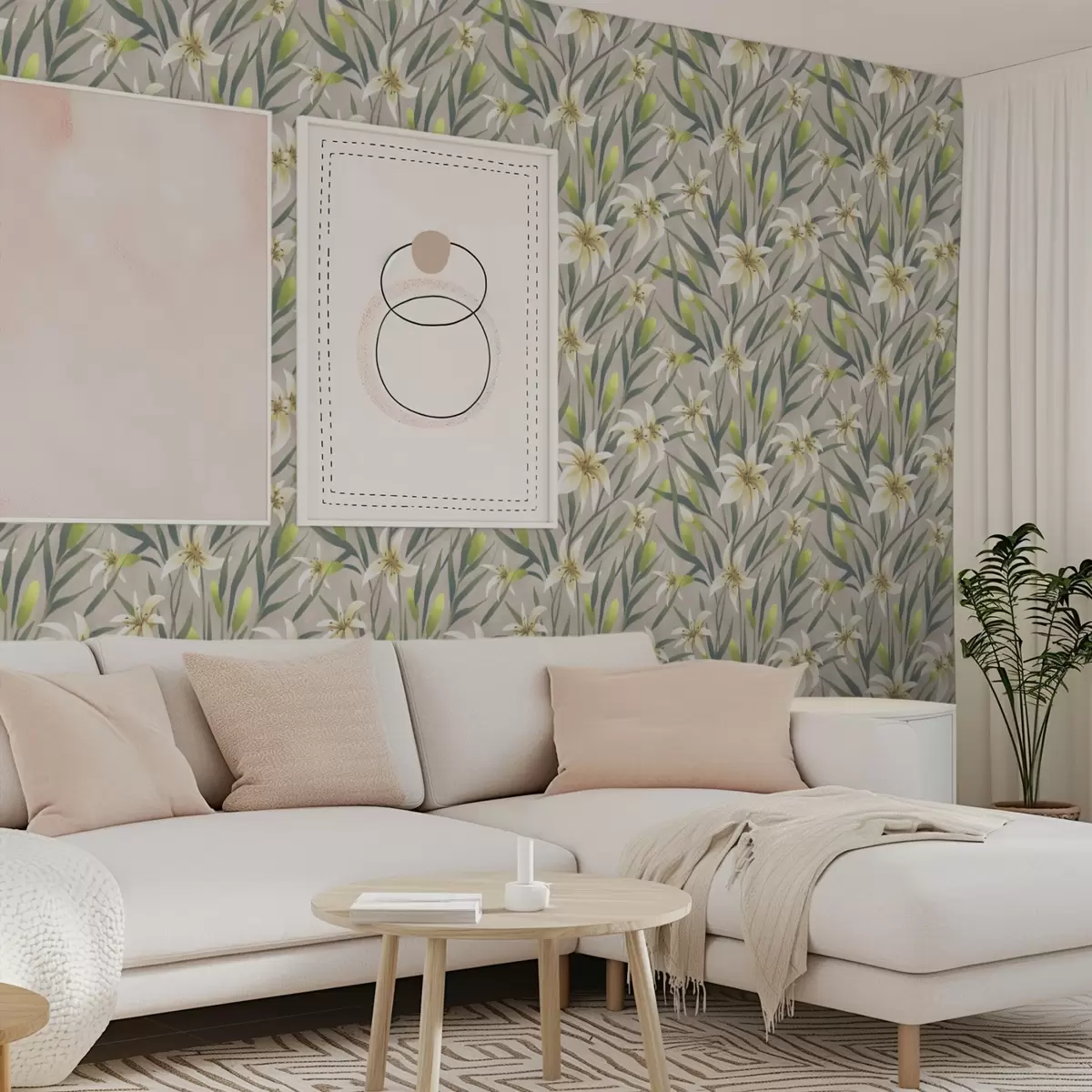 Taustakuva Kermanväriset liljat lehdillä harmahtavan beigeellä taustalla a00837