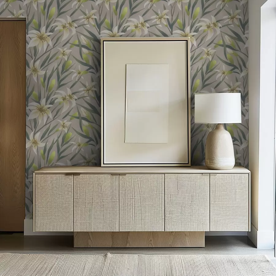 Valokuvatapetti Kermanväriset liljat lehdillä harmahtavan beigeellä taustalla a00837