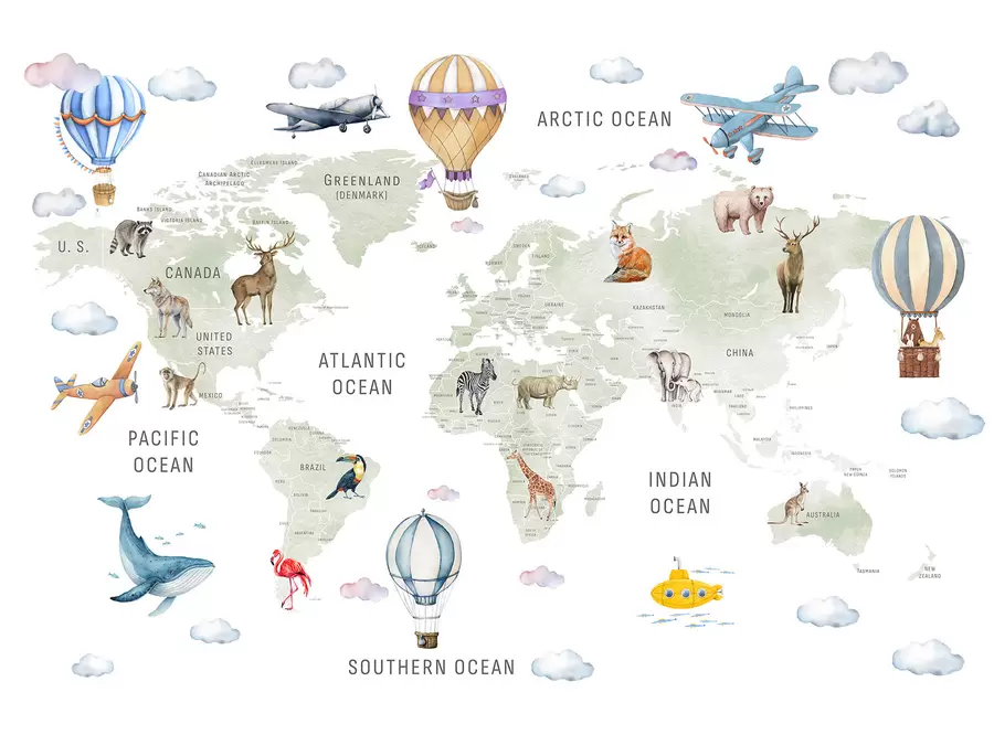 Valokuvatapetti Lasten kartta vesiväri-tyylillä, jossa on eläimiä ja kuumailmapalloja. Englanninkielinen. Vihreä väri c00001en