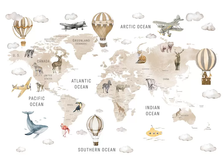 Valokuvatapetti Vesiväri-tyylinen kartta lapsille, jossa on eläimiä ja kuumailmapalloja. Englanninkielinen. Beige väri. c00001env2