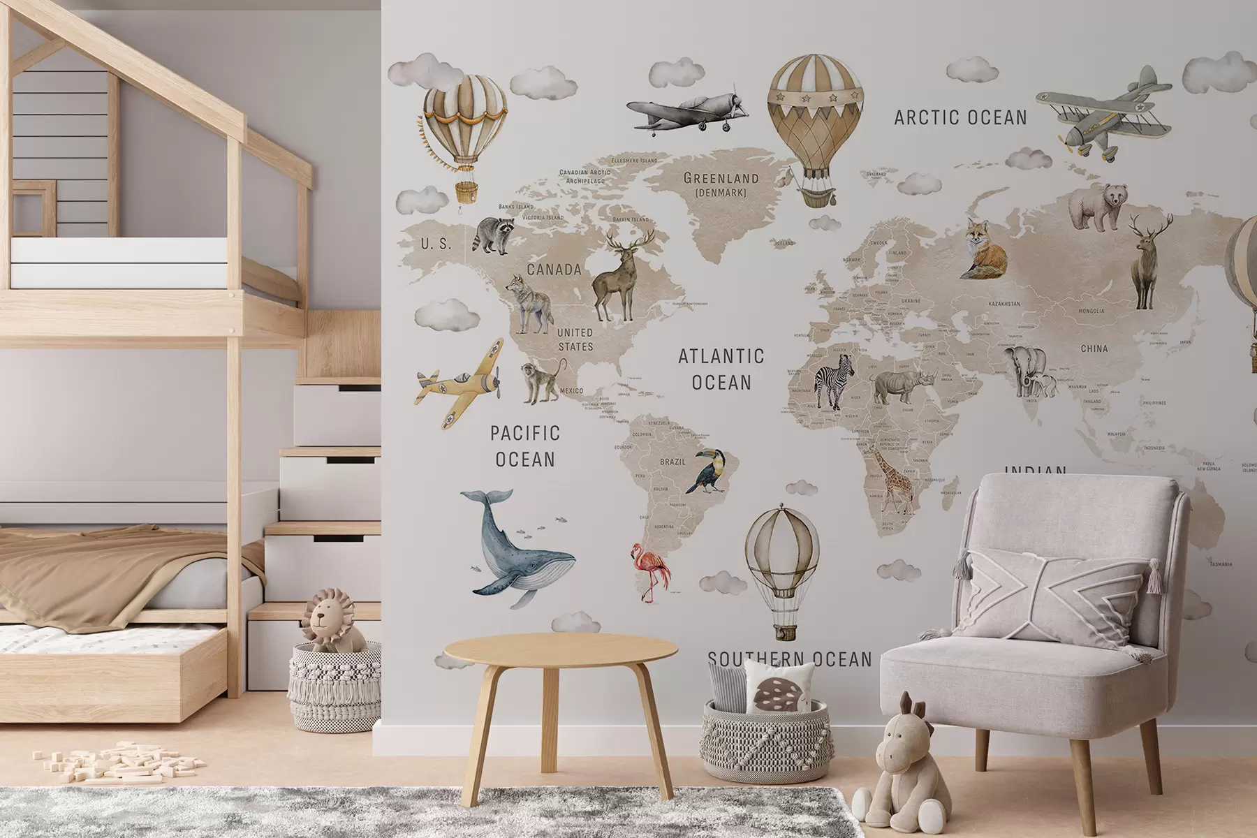 Valokuvatapetti Vesiväri-tyylinen kartta lapsille, jossa on eläimiä ja kuumailmapalloja. Englanninkielinen. Beige väri. c00001env2
