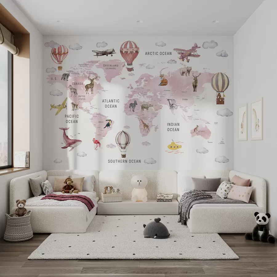 Valokuvatapetti Lasten kartta vesiväri-tyylillä, jossa on eläimiä ja kuumailmapalloja. Englanninkielinen. Vaaleanpunainen. c00001env3