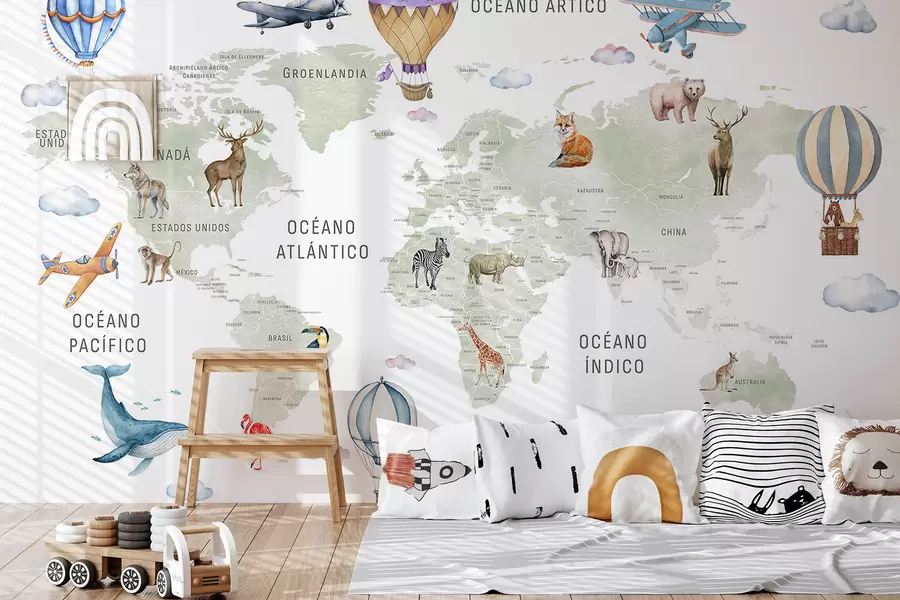 Valokuvatapetti Lasten kartta vesiväri-tyylillä, jossa on eläimiä ja kuumailmapalloja. Espanjan kielellä. Vihreä väri. c00001es