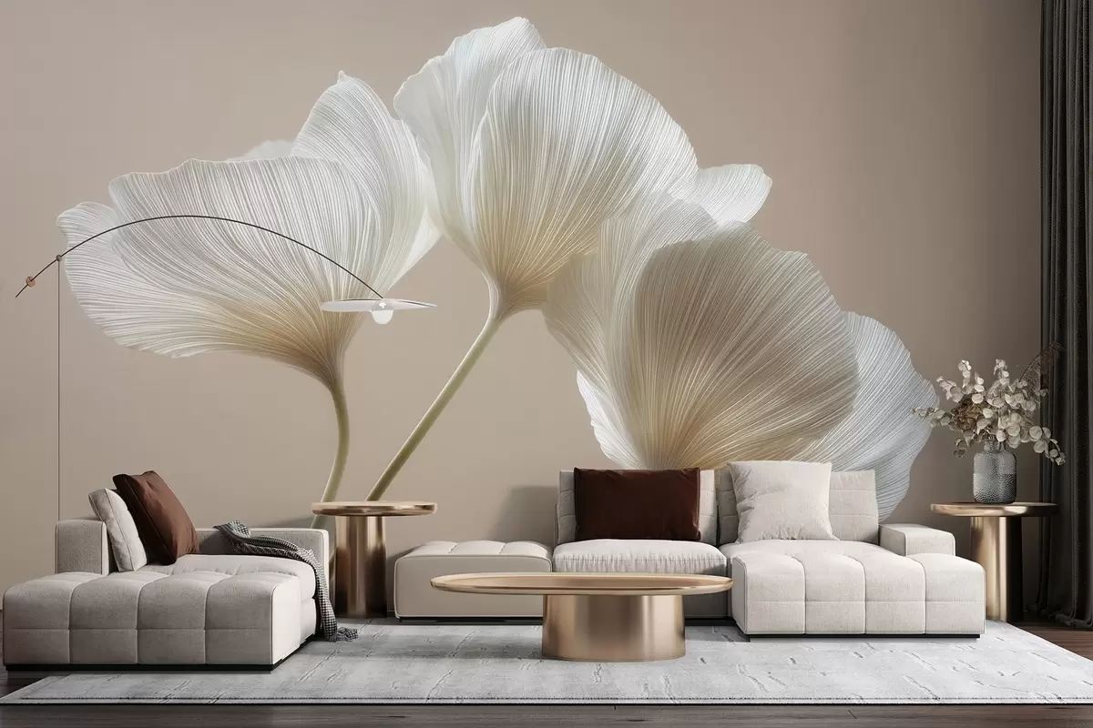 Valokuvatapetti kolme herkkää kukkaa beige-värisellä taustalla w04810