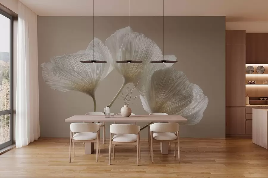 Valokuvatapetti kolme herkkää kukkaa beige-värisellä taustalla w04810