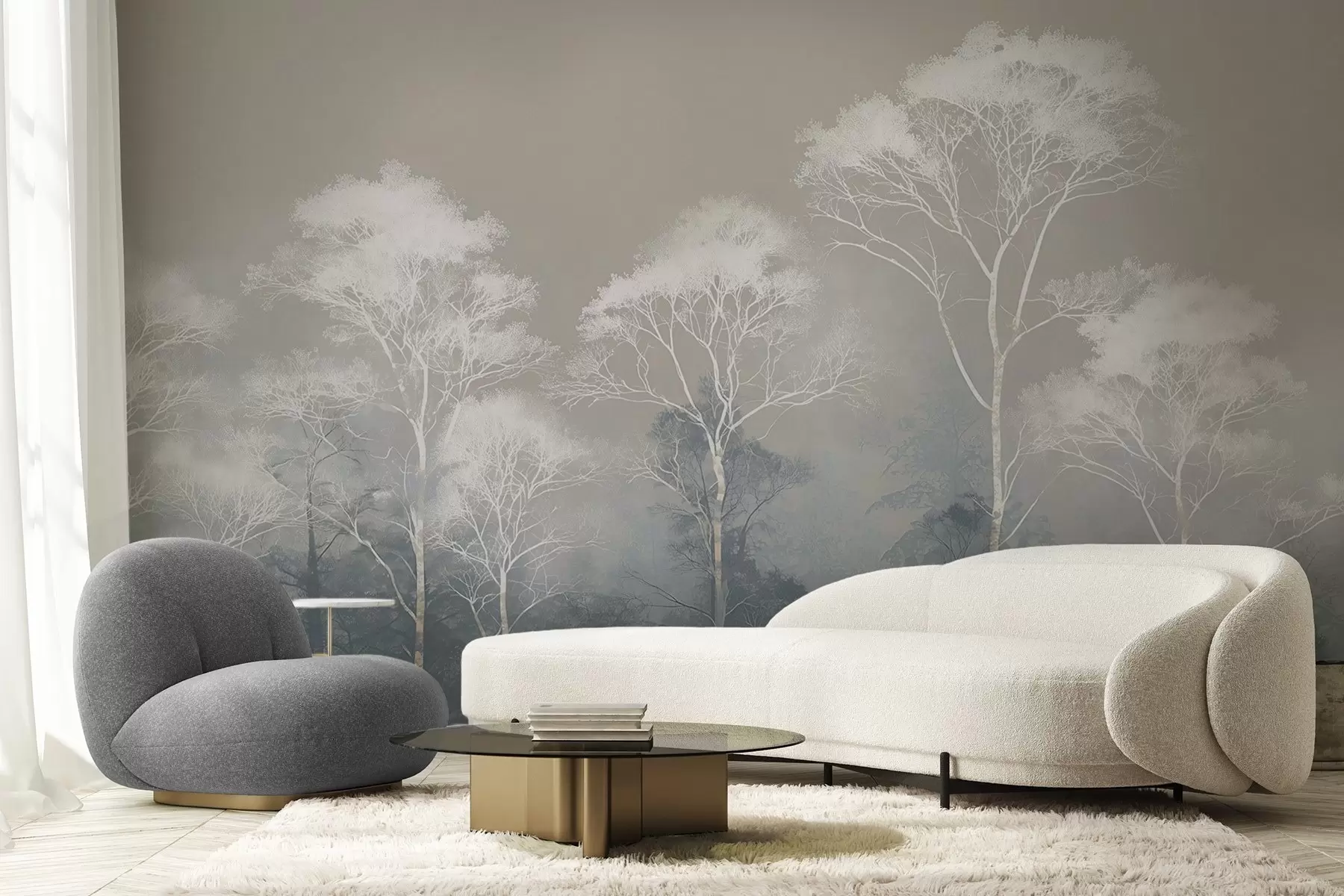 Valokuvatapetti Minimalistiset puut sinisenharmaassa värimaailmassa, sumussa w09448