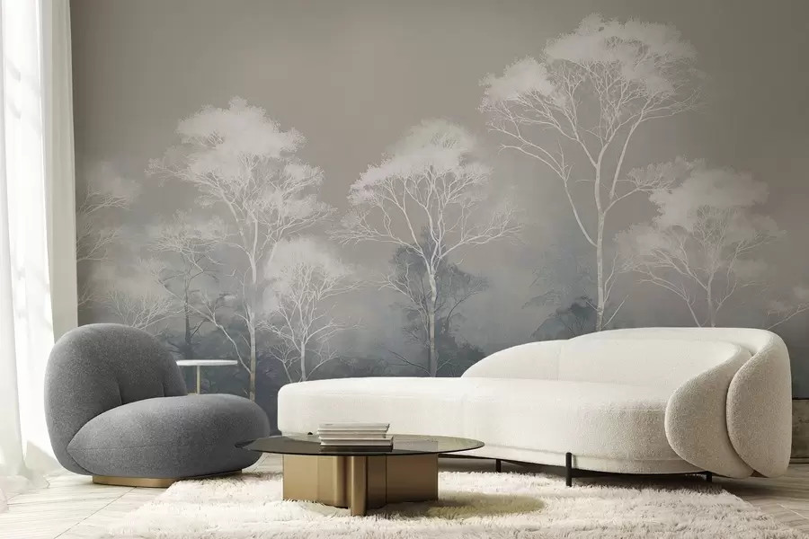 Valokuvatapetti Minimalistiset puut sinisenharmaassa värimaailmassa, sumussa w09448