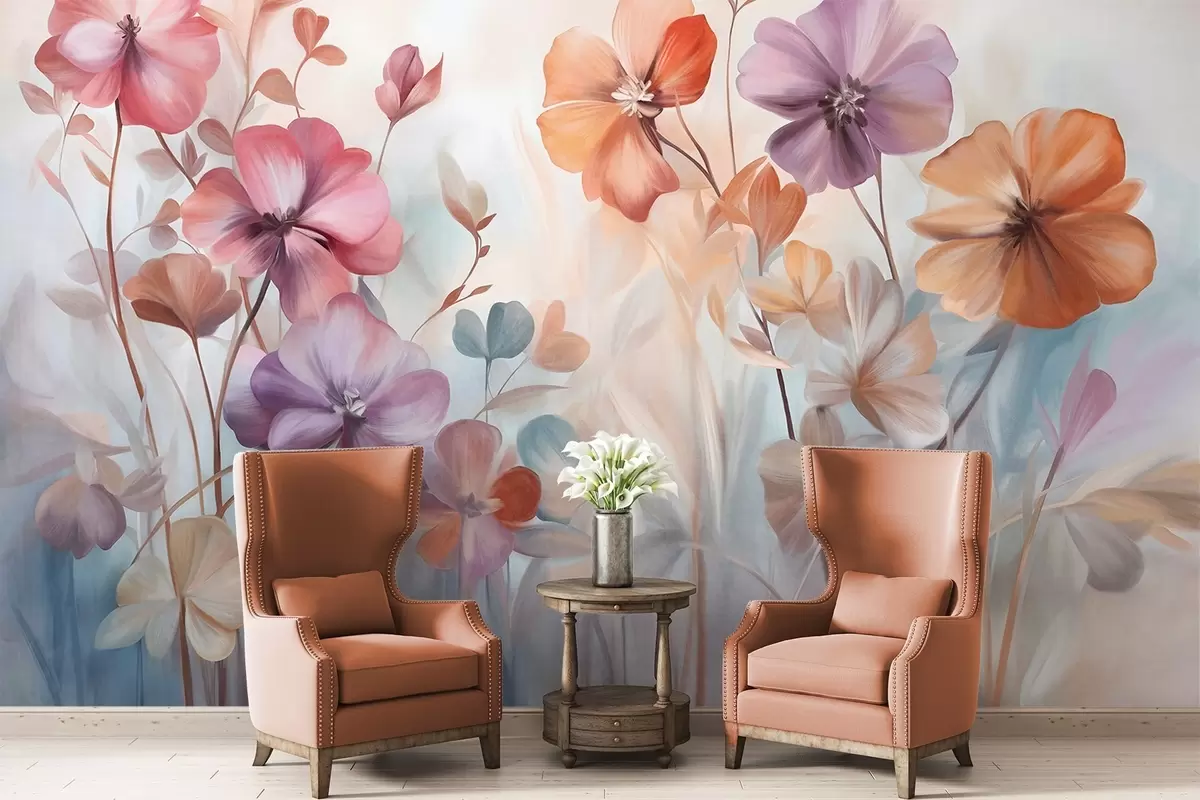 Valokuvatapetti Tekstuurinen kukka-asetelma, jossa on vaaleanpunaisia, violetteja ja oransseja kukkia sekä vihreitä varret ja lehdet, pehmeät pastellivärit w09486