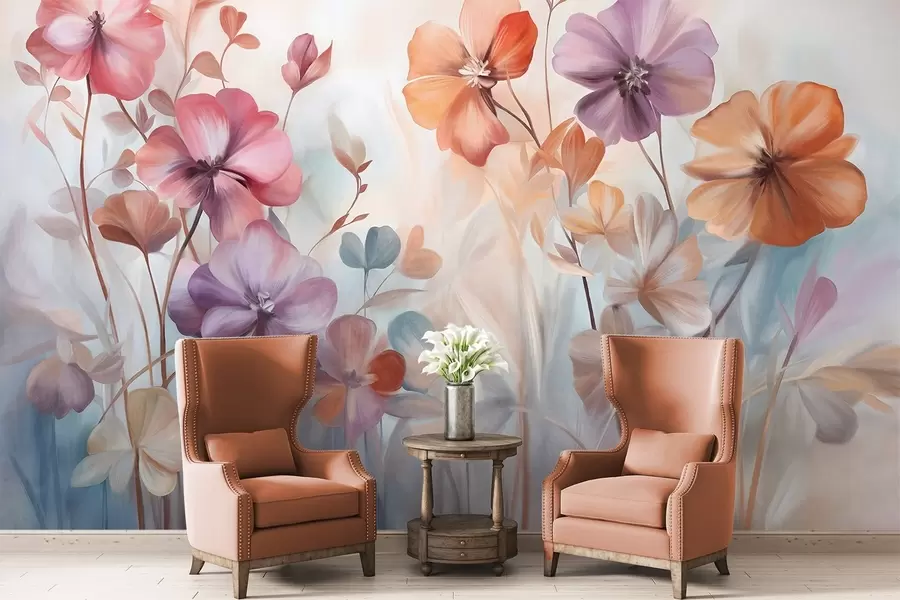 Valokuvatapetti Tekstuurinen kukka-asetelma, jossa on vaaleanpunaisia, violetteja ja oransseja kukkia sekä vihreitä varret ja lehdet, pehmeät pastellivärit w09486