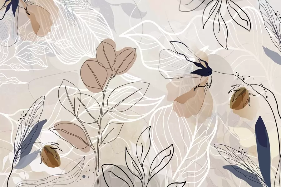 Valokuvatapetti Beige abstrakti tausta, jossa on lehtiä ja kukkia, moderni, minimalistinen, orgaaniset muodot, kasvitieteellinen painatus  w09487