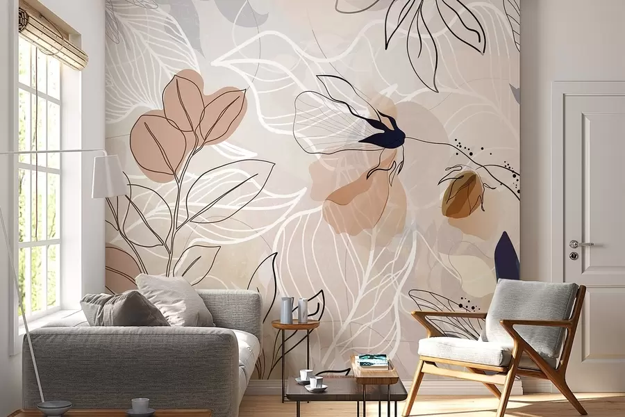 Valokuvatapetti Beige abstrakti tausta, jossa on lehtiä ja kukkia, moderni, minimalistinen, orgaaniset muodot, kasvitieteellinen painatus  w09487