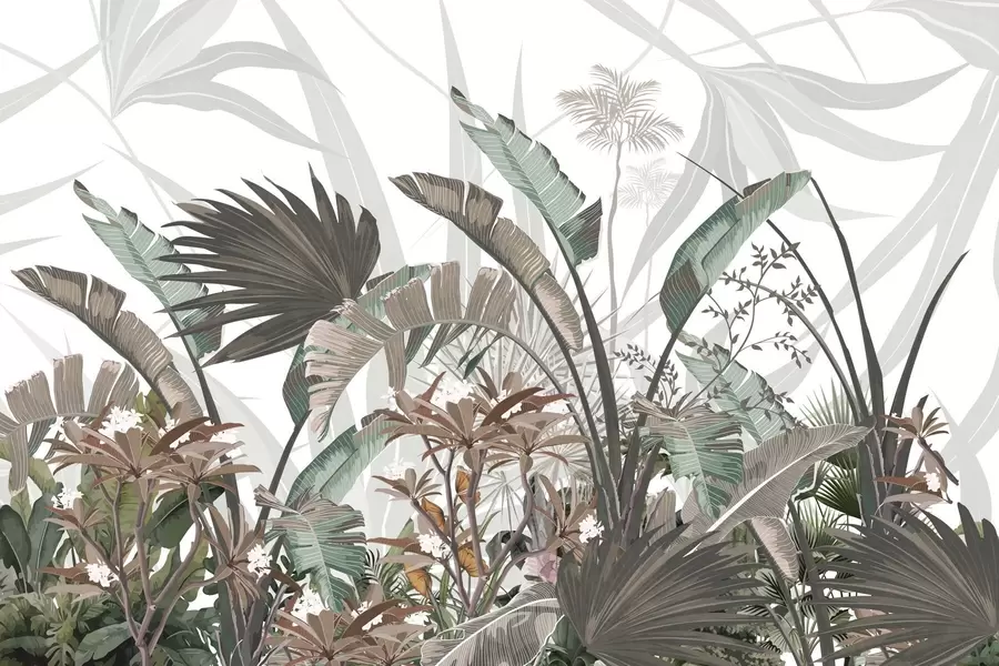 Valokuvatapetti Trooppiset teksturoidut lehdet ja kukat, palmuja, plumeria-kukkia, pastellivärit, valkoinen tausta, viidakko w09488