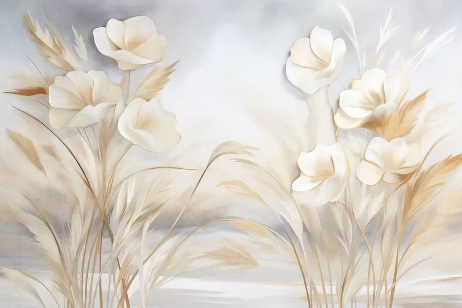 Valokuvatapetti Valkoiset kukat, beige ruoko ja pampasruoho, teksturoitu, tyylikäs, minimalistinen tyyli, maisema-abstrakti tausta w09490