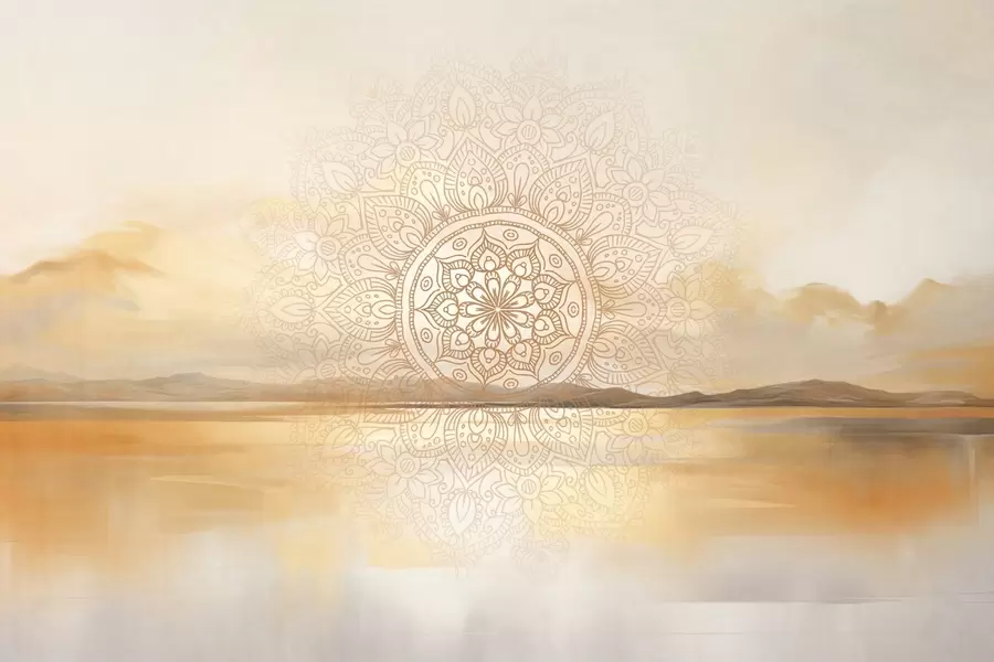 Valokuvatapetti Teksturoitu symmetrinen mandala-kuvio, joka peittää maiseman, jossa on meri, kukkulat ja taivas, pehmeät pastellivärit w09491