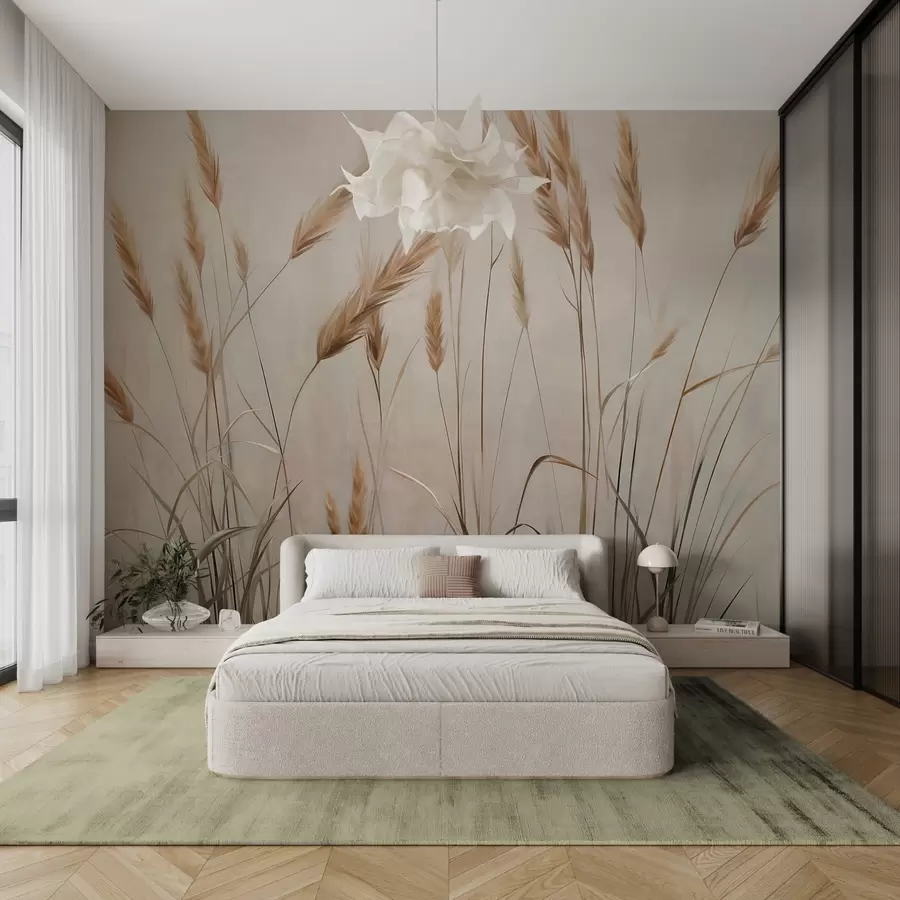 Valokuvatapetti Vehnän teksturoitu pelto, jossa on keltaisia jyviä, beige tausta, luonnollinen valaistus, lämpimät sävyt, yksityiskohtaiset siveltimenvedot w09493