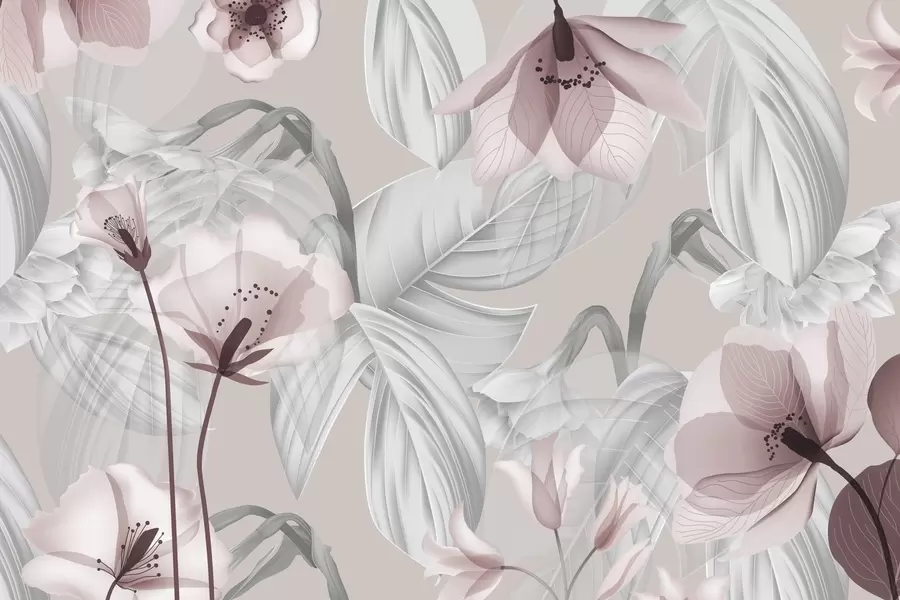 Valokuvatapetti Vaaleanpunaiset kukat ja harmaat lehdet, kasvitieteellinen kukkatausta, tyylikäs muotoilu, pehmeät värit, kevyet ja herkät yksityiskohdat w09497