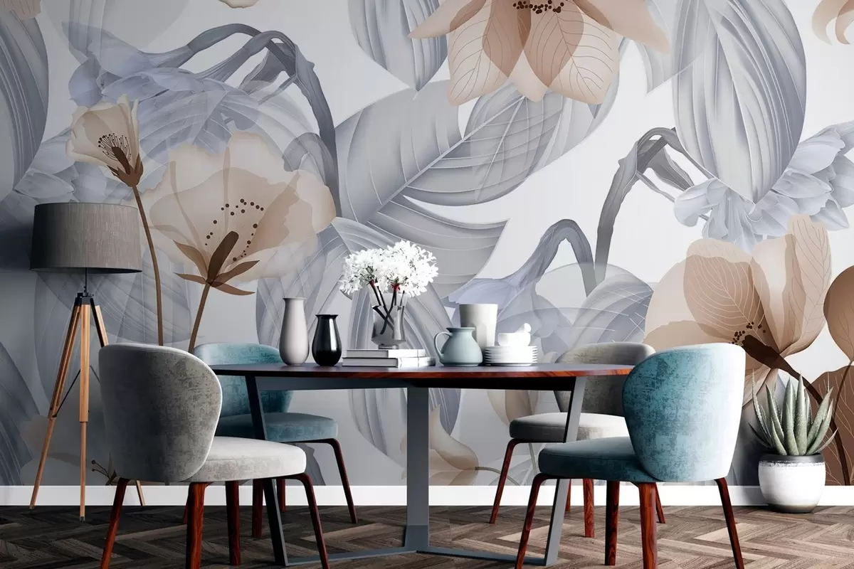 Valokuvatapetti Ruskeat kukat ja harmaat lehdet, kukkainen kasvitieteellinen tausta, tyylikäs muotoilu, pehmeät värit, kevyet ja herkät yksityiskohdat w09497v1