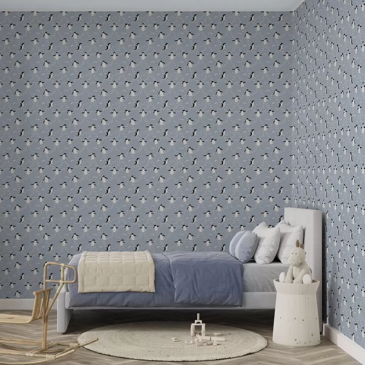 Taustakuva Pingviinit harmaansinisellä pohjalla, jalanjäljet a00655