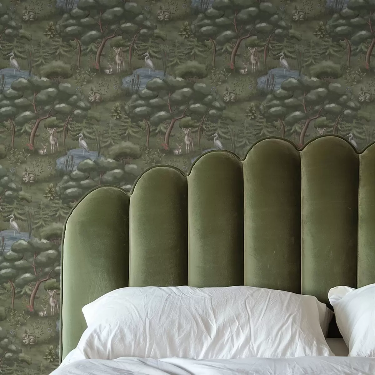 Taustakuva Metsän aukea, jossa on kauriita, jäniksiä ja haikaroita a00680