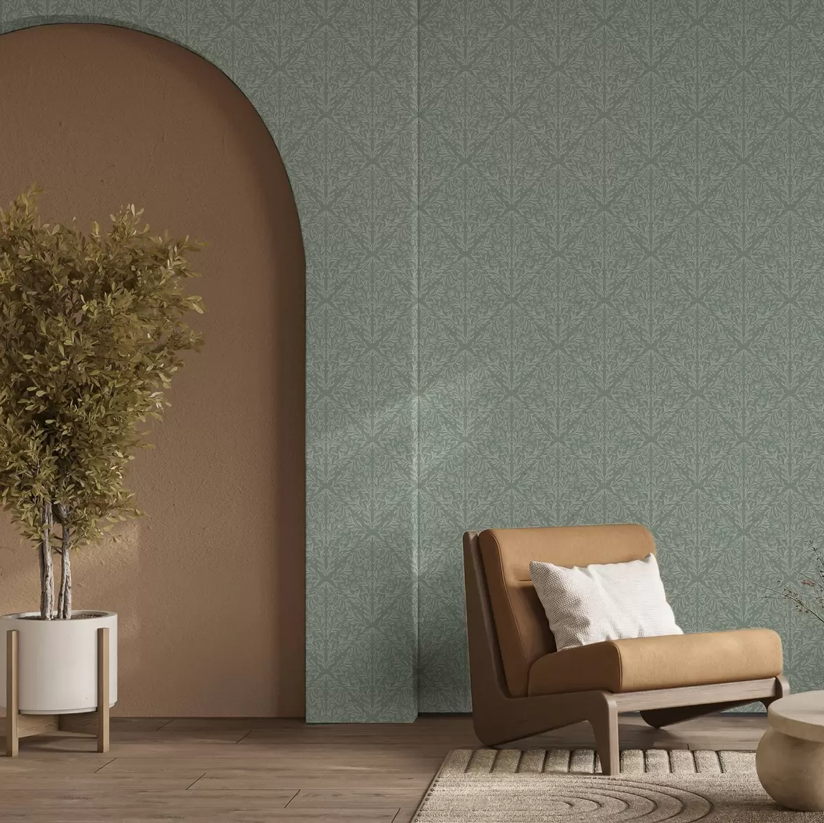 Taustakuva Kasvitieteellinen damaski minttu-oliivivihreällä taustalla a00815