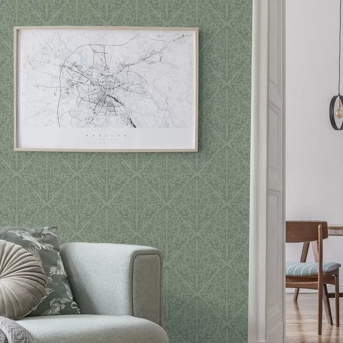 Taustakuva Hieno kasvitieteellinen damasti hillityn vihreänä a00815v1