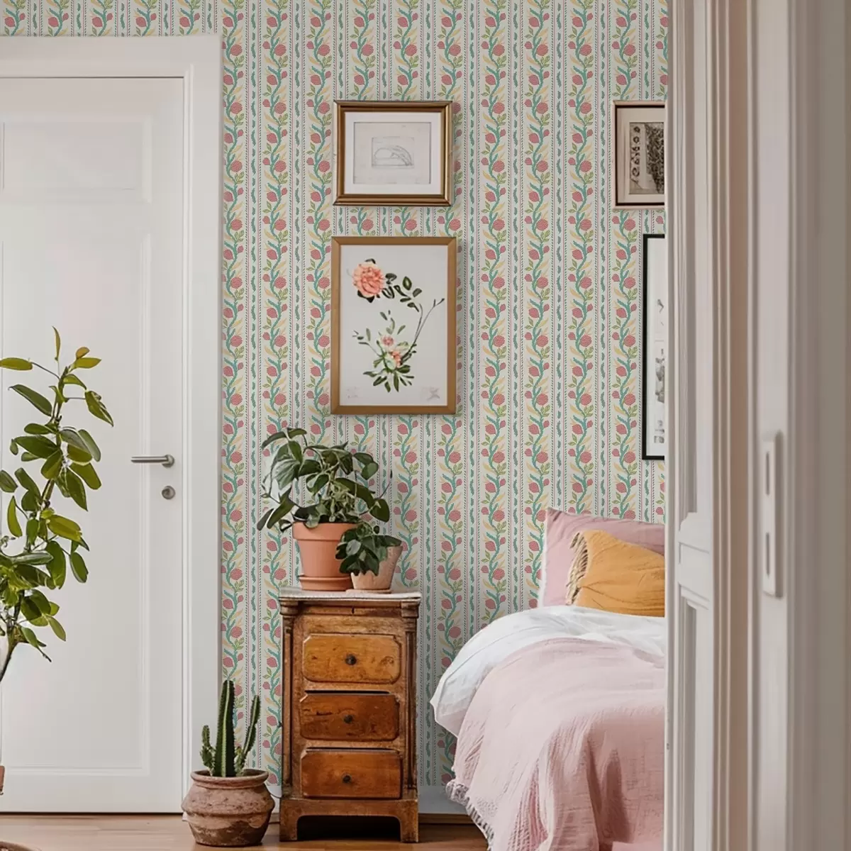 Taustakuva Raidat, joissa on korallinpunaisia silmuja vaalean kermanvärisellä taustalla a00816v1