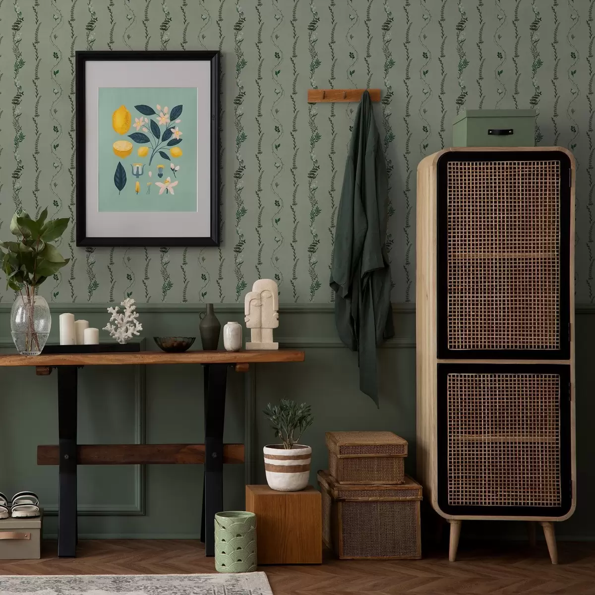 Taustakuva Vertikaaliset viiniköynnökset ja oksat hillityn vihreällä pohjalla a00817v1