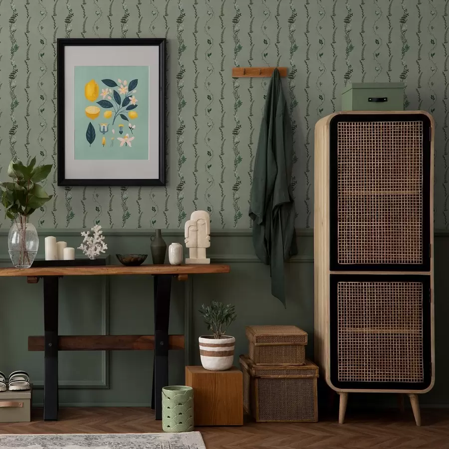 Valokuvatapetti Vertikaaliset viiniköynnökset ja oksat hillityn vihreällä pohjalla a00817v1