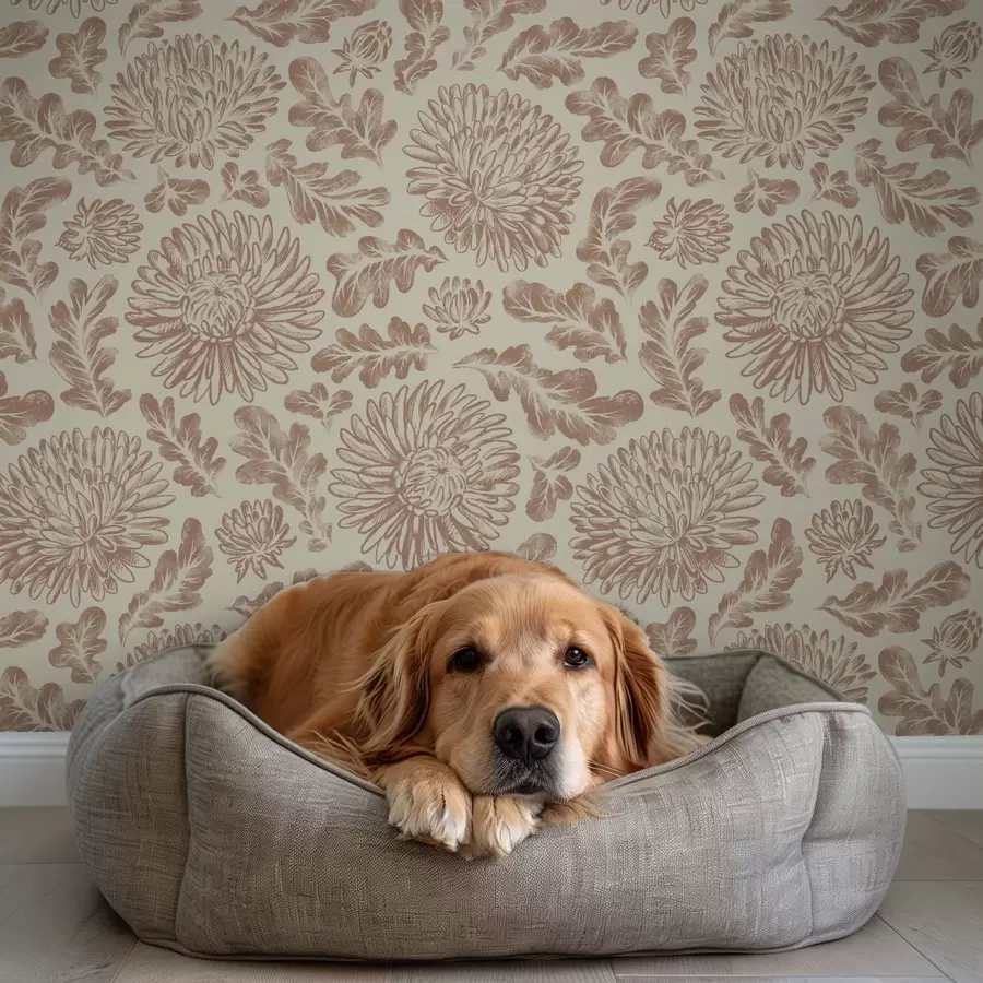 Valokuvatapetti Krysanteemit ja tammenlehdet pehmeässä beige-ruskeassa sävyssä a00840