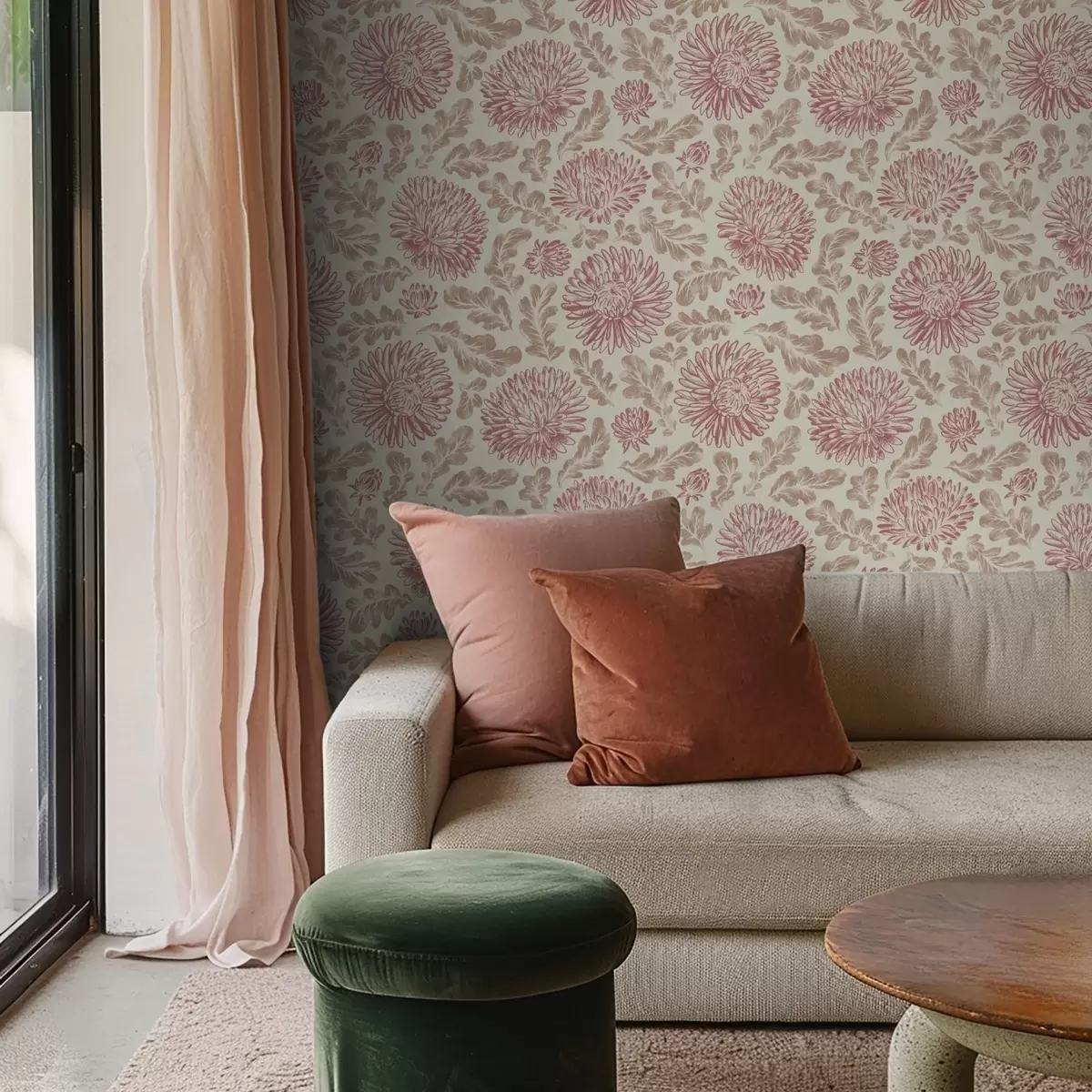 Taustakuva Krysanteemit, joissa on viinin sävyjä kermanvärisellä pohjalla a00840v1