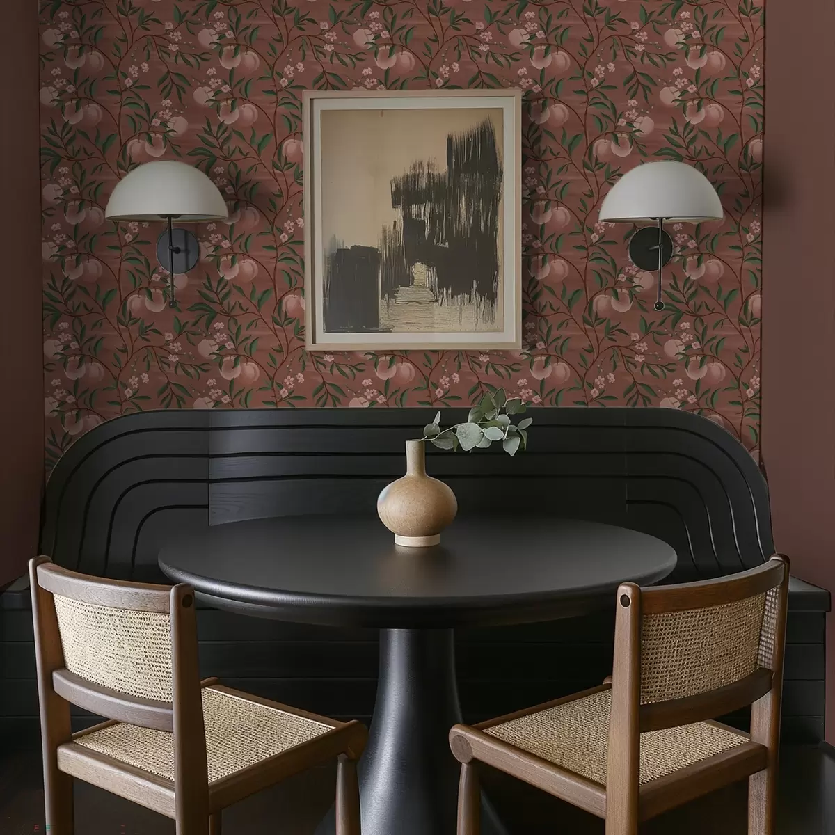 Taustakuva Persikat oksilla, joissa on vaaleanpunaisia kukkia, terrakotta-maa a00856