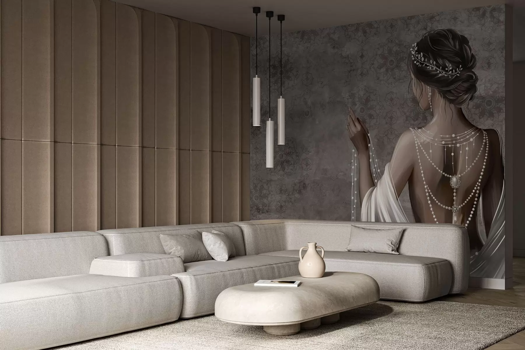 Valokuvatapetti Nainen takaa katsottuna, helmiä, harmaa kivikuvioinen tausta w04854