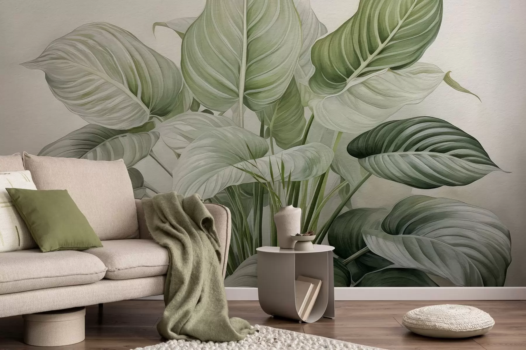 Valokuvatapetti Seinällä oleva rehevä vihreiden lehtien pensas w04835