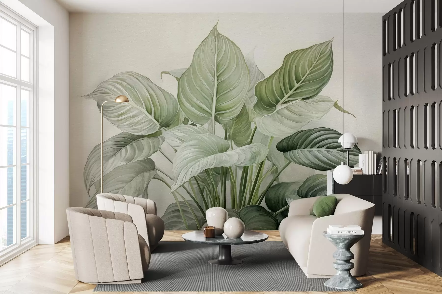 Valokuvatapetti Seinällä oleva rehevä vihreiden lehtien pensas w04835