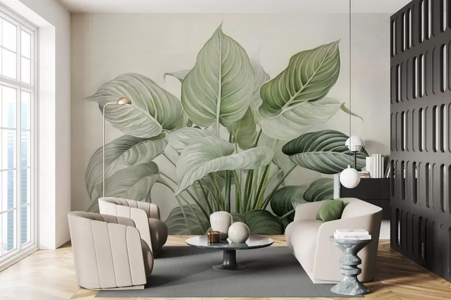 Valokuvatapetti Seinällä oleva rehevä vihreiden lehtien pensas w04835