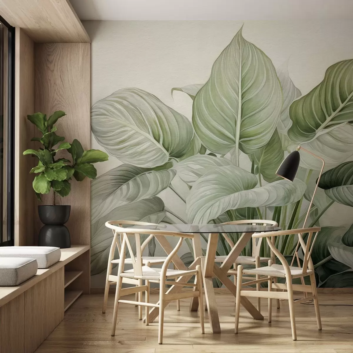 Valokuvatapetti Seinällä oleva rehevä vihreiden lehtien pensas w04835