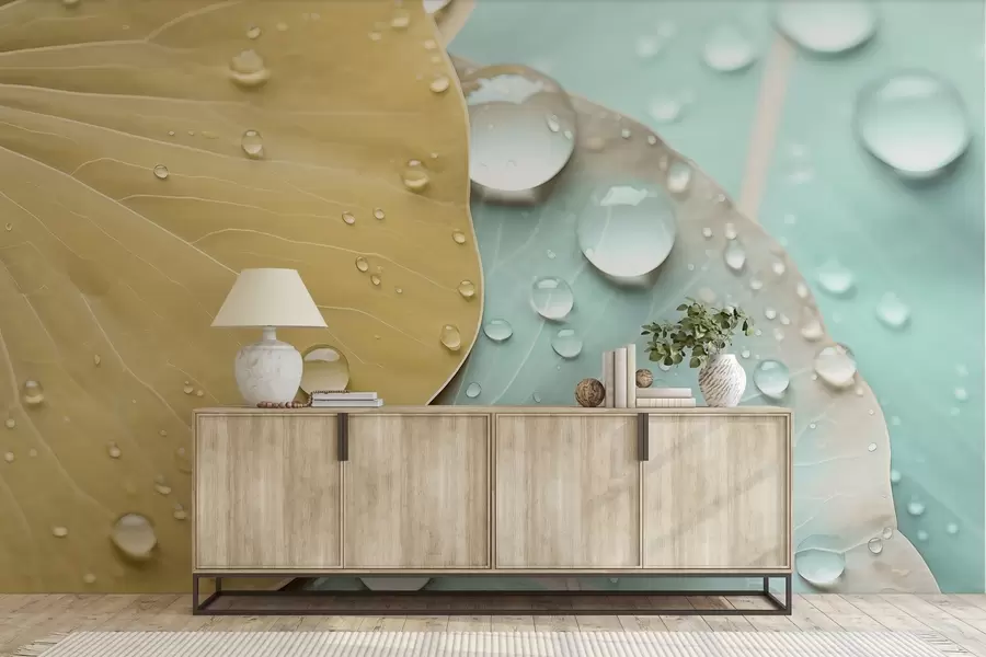 Valokuvatapetti Vesipisarat lehdillä, makroakvarelli w04838v1