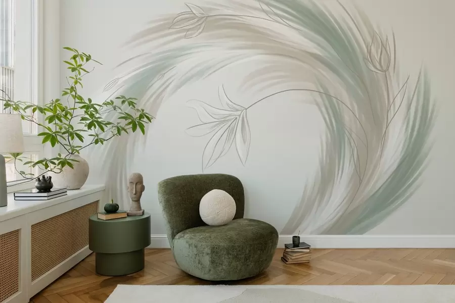 Valokuvatapetti vihreät ja beige höyhenet ja kukat, käsinmaalattu w04816