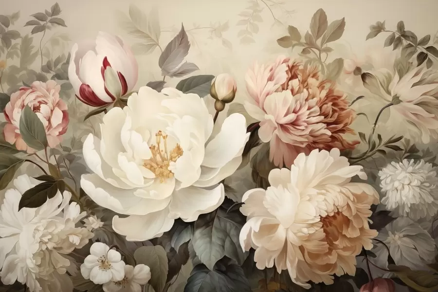 Valokuvatapetti Hellävarainen pionit ja krysanteemit pastellisävyissä w09350