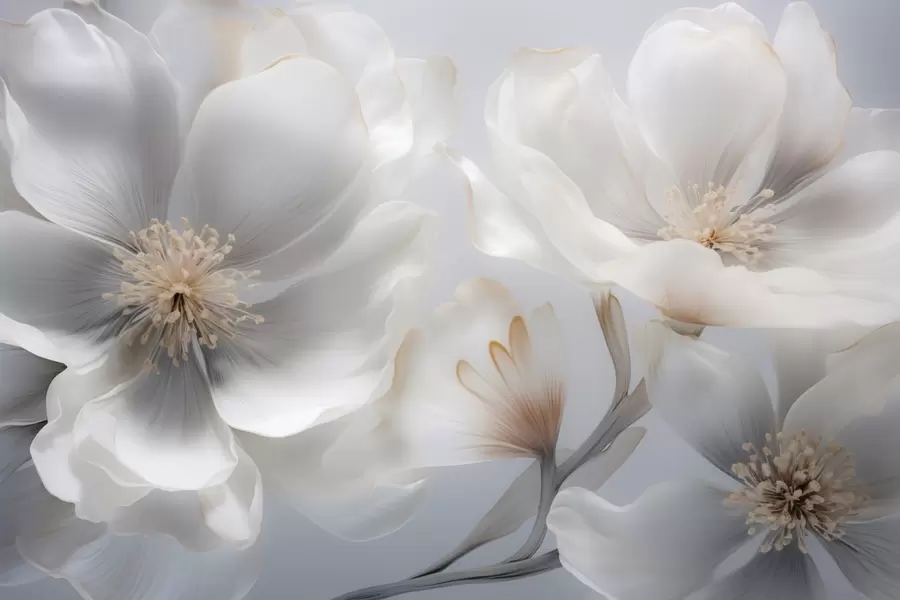 Valokuvatapetti Helmiäishohtoiset kukat beige-harmaissa ja maitomaisissa sävyissä w09527