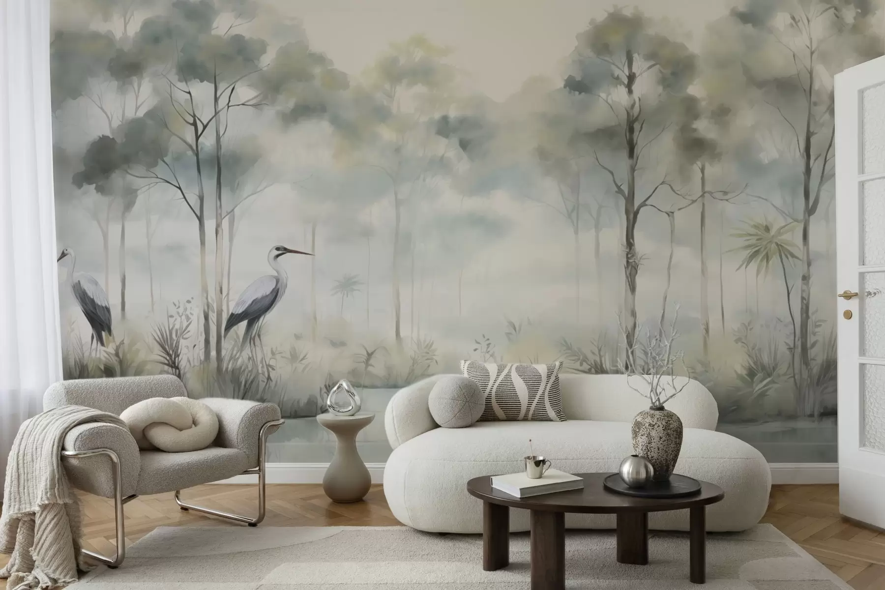 Valokuvatapetti Sumuinen metsä veden äärellä, jossa on haikaroita, pehmeä viileä väripaletti w04788