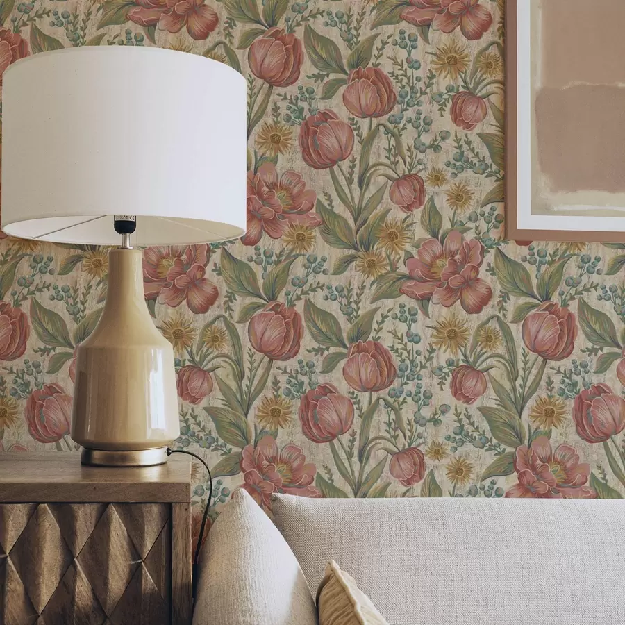 Valokuvatapetti Vintage-tulppaanit ja astrit, teksturoitu kermanvärinen tausta a00773