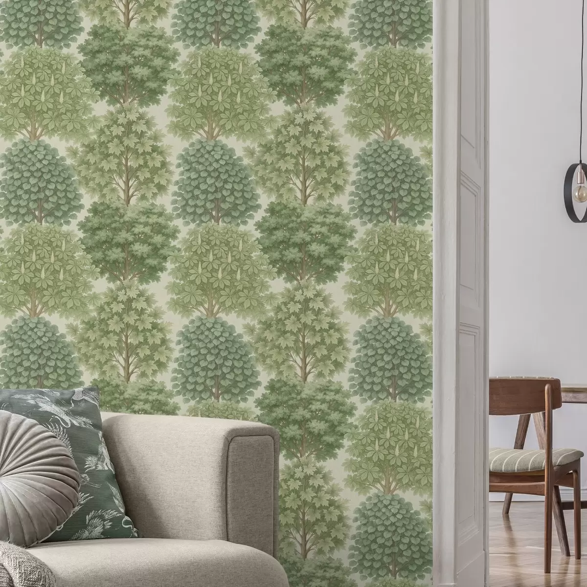 Taustakuva Puunpuutarha pehmeissä vihreissä sävyissä vaalealla pohjalla a00775