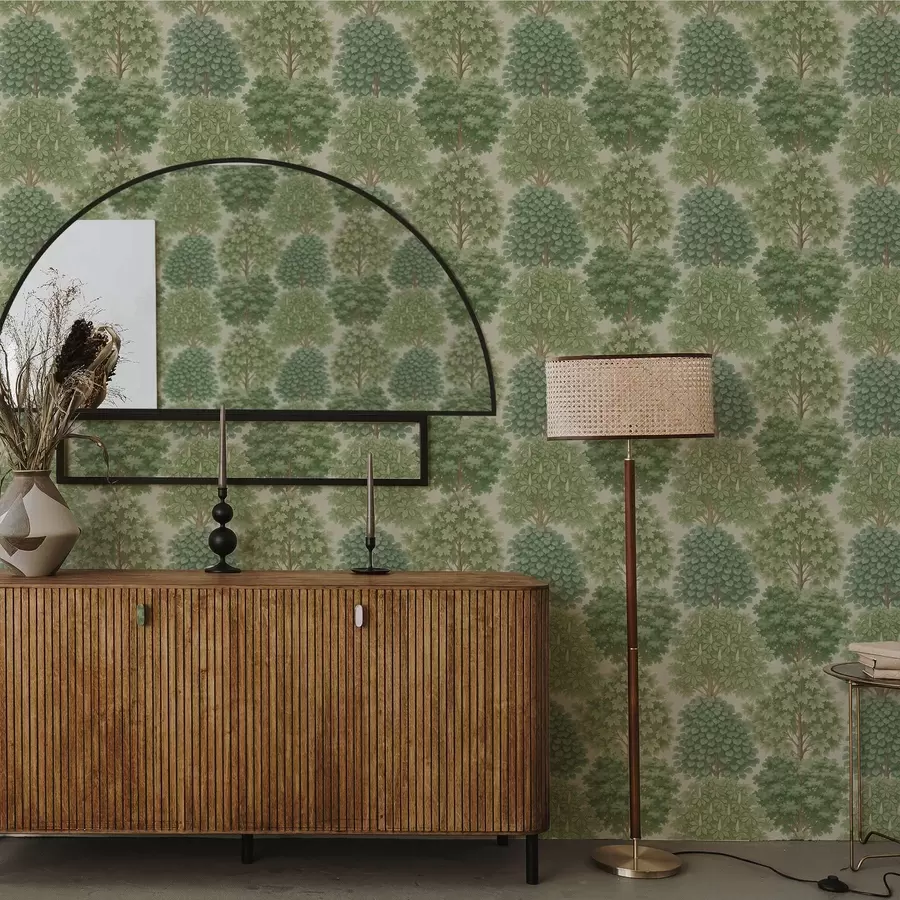 Valokuvatapetti Puunpuutarha pehmeissä vihreissä sävyissä vaalealla pohjalla a00775