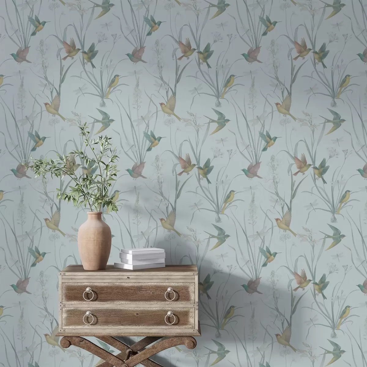 Taustakuva Linnut niittyjen ruohojen keskellä harmaansinisellä maalla a00776