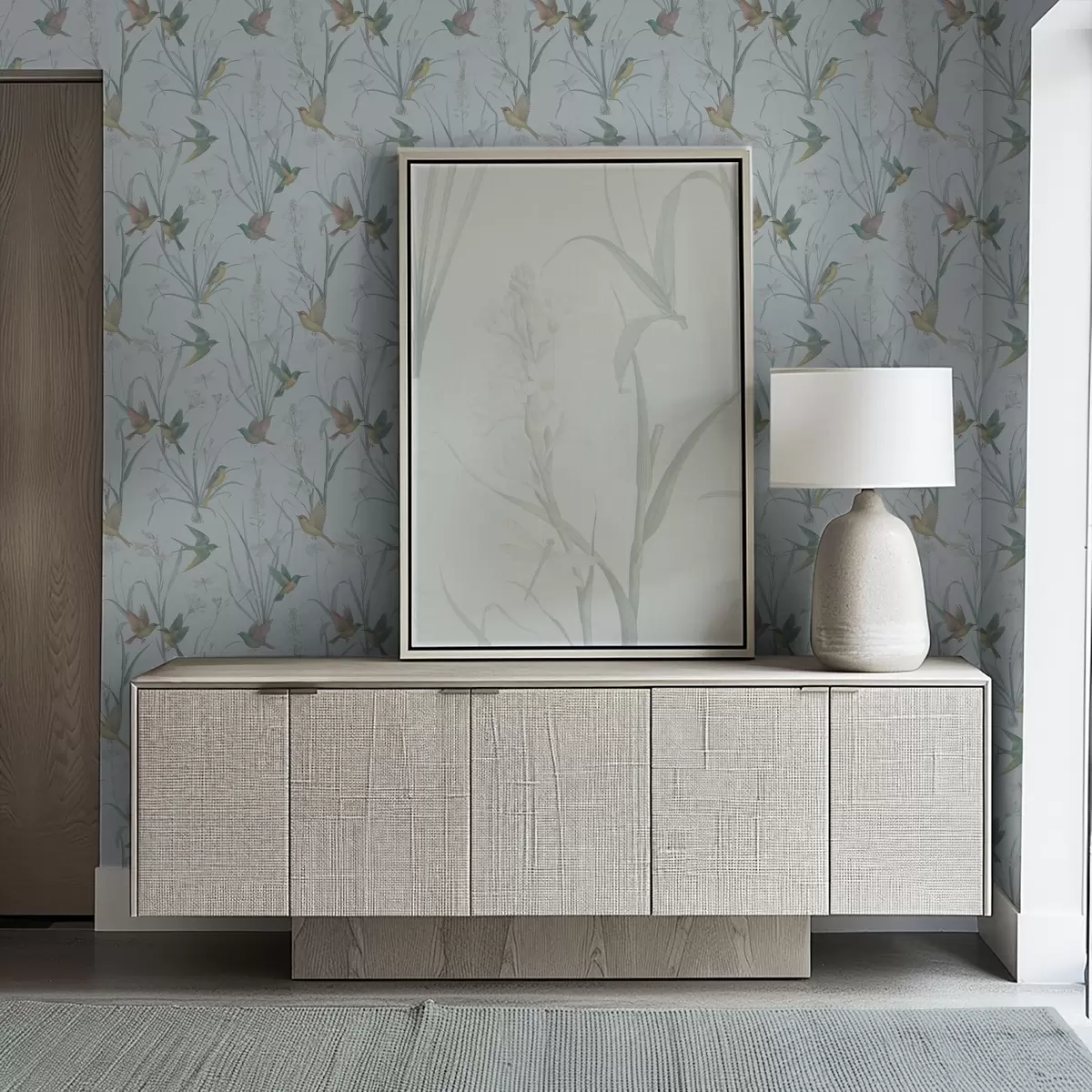 Taustakuva Linnut niittyjen ruohojen keskellä harmaansinisellä maalla a00776