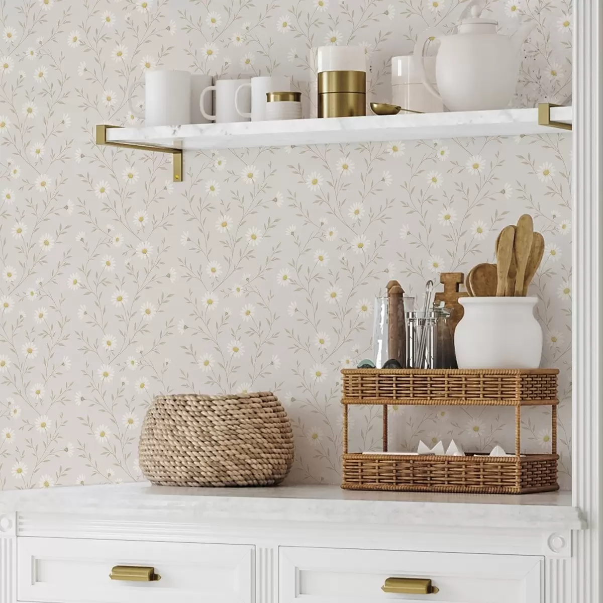 Taustakuva Pienet koiranputket oksilla, lämmin beige a00777